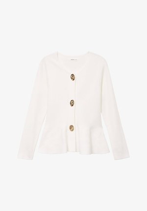 Witte cardigan met lange mouwen, voorzien van drie grote decoratieve gouden knopen en een licht uitlopende zoom, getoond tegen een effen achtergrond.