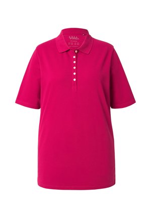Fuchsia poloshirt met korte mouwen, klassieke kraag en een vijfknopen sluiting. Katoenmateriaal, zachte textuur, minimalistisch ontwerp.