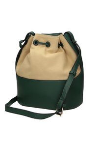 Zielona i beżowa torba na ramię z płótna i skóry, z zamknięciem na sznurek, regulowanym paskiem na ramię oraz usztywnionym dnem.