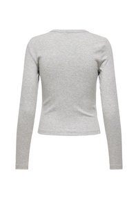 Γκρι μπλούζα με μακριά μανίκια, εφαρμοστό σχέδιο, απαλή υφή, στρογγυλή λαιμόκοψη, ύφασμα από βαμβακερό μείγμα, κυρτή ραφή στη μέση. Χωρίς εμφανή λογότυπα ή σχέδια.