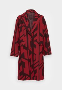 Roter und dunkelbrauner Mantel mit Muster, Kragen, zwei Taschen und Knöpfen, hergestellt aus strukturiertem Stoff. Gerader Schnitt mit lockerem Sitz.