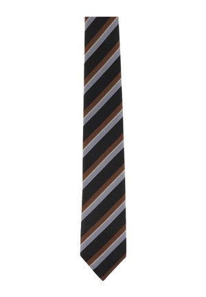 Men's necktie with diagonal stripes in black, brown, gray, and thin white dotted lines on a white background.