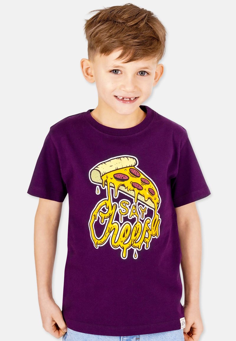 Purple cotton t-shirt featuring a graphic of a cheese pizza slice with dripping cheese and "Say Cheese!" text in yellow.