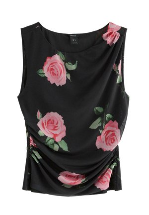 Top senza maniche di colore nero, decorato con grandi stampe di rose rosa, tessuto morbido, design drappeggiato e dettagli arricciati lungo i lati.