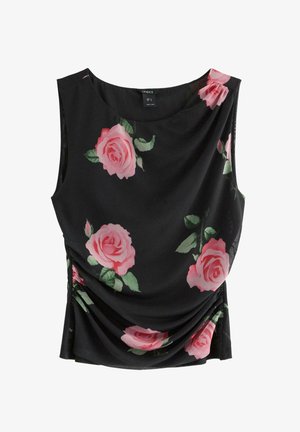 Top senza maniche di colore nero, decorato con grandi stampe di rose rosa, tessuto morbido, design drappeggiato e dettagli arricciati lungo i lati.