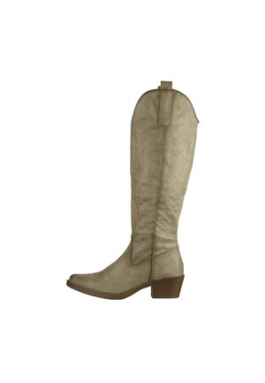 Lichtbruine leren cowboylaars met spits toelopende neus, middelhoog hakje, decoratief stiksel en uittrekriemen op een witte achtergrond.