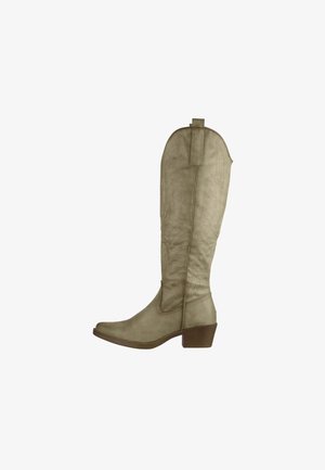 Lichtbruine leren cowboylaars met spits toelopende neus, middelhoog hakje, decoratief stiksel en uittrekriemen op een witte achtergrond.