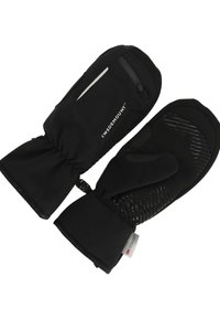 Black winter mittens with a water-resistant exterior, fleece lining, textured grip on palm, elastic cuff, and reflective detailing.