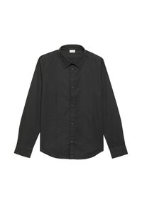 Zwarte lange mouwen shirt gemaakt van gladde stof. Beschikt over een spitse kraag, knoopsluiting aan de voorkant en manchetten met een afgeronde zoom.