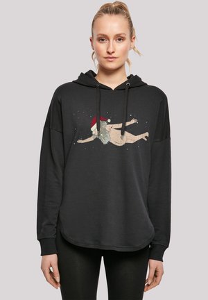 Black hoodie with long sleeves, a relaxed fit, and a front graphic of a bearded figure in a red Santa hat, against a snowy background.