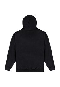 Felpa nera con una texture morbida, dotata di un grande cappuccio, maniche lunghe e orlo a coste. La parte posteriore è semplice, senza dettagli di design aggiuntivi.