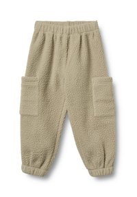 Beige Fleece-Jogginghose mit elastischem Bund, elastischen Bündchen und großen rechteckigen Seitentaschen.