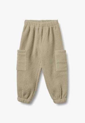 Beiga fleece-joggingbyxor med elastisk midja, elastiska mudd och stora rektangulära sidofickor.