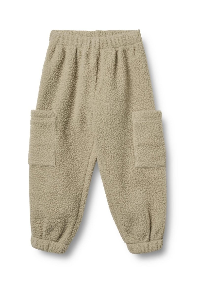 Beige Fleece-Jogginghose mit elastischem Bund, elastischen Bündchen und großen rechteckigen Seitentaschen.