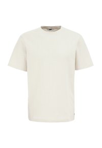 Trumpas rankovėmis, kremiškai baltas marškinėliai pagaminti iš tekstūruoto audinio, papuošti vertikaliomis grioveliais ir su apvaliu kaklu.