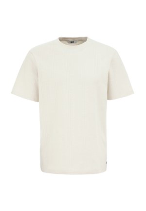 Short-sleeve, cream-colored t-shirt made from textured fabric featuring vertical ribbed patterns and a crew neckline.