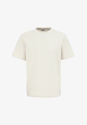 T-shirt a maniche corte di colore crema realizzato in tessuto testurizzato, con motivi a righe verticali e collo a giro.