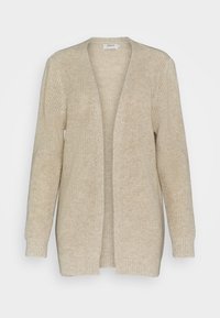 Beige knitted cardigan with an open front, ribbed cuffs, and a soft, textured finish. No buttons or fastenings visible.