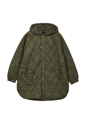 Veste à capuche matelassée en vert olive, dotée d'une fermeture éclair à l'avant, de deux poches latérales et de poignets élastiques. Matériau synthétique lisse et léger.