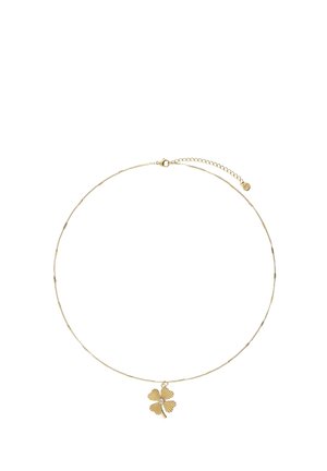 Collar en tono dorado con una delicada cadena y un colgante de trébol de cuatro hojas que presenta hojas texturizadas y una pequeña gema central.