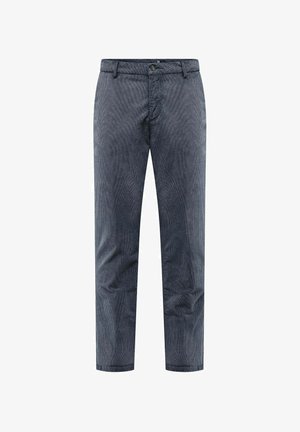 Gestreepte donkerblauwe chino's van katoen. Voorzien van een knoopsluiting, riemlussen en rechte pijpen. Textuurafwerking met verticale lijnen.