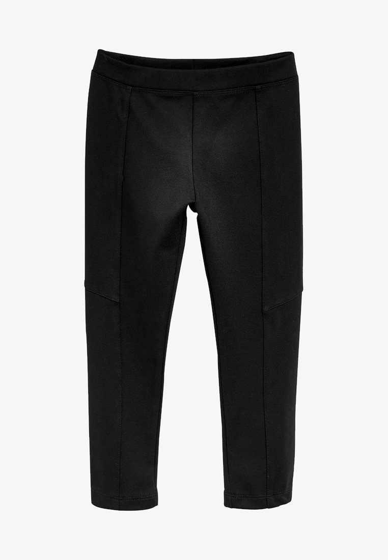 Black leggings made from a smooth, stretchy fabric, featuring a high waistband and side panel detailing for a fitted silhouette.
