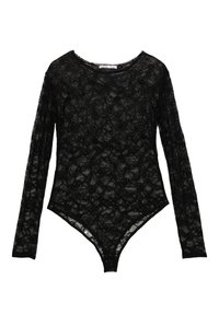 Čierny čipkový bodysuit s dlhými rukávmi, s kvetinovým vzorom, výstrihom do kola a nohavičkovým strihom. Mäkkučký materiál, priesvitné pokrytie.