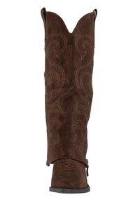 Brauner Cowboy-Stiefel aus Wildleder mit spitzer Zehe, dekorativer weißer Naht und gewelltem oberen Rand. Mit seitlichem Riemendetail.