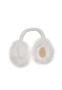 Muffoletta auricolare in pelliccia sintetica bianca con un design arrotondato e una texture morbida. L'interno presenta un inserto in tessuto color cuoio. Bordi delicati e soffici.