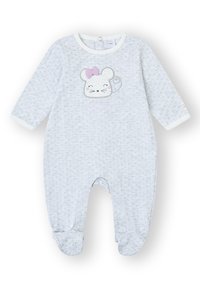 Body para bebé gris hecho de tela suave con mangas largas, con un diseño de ratón con un lazo rosa, cierres de broche y parte inferior con pies.