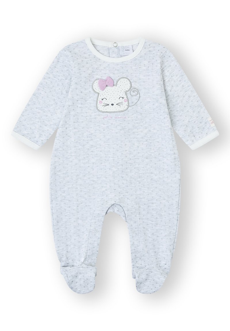 Body para bebé gris hecho de tela suave con mangas largas, con un diseño de ratón con un lazo rosa, cierres de broche y parte inferior con pies.