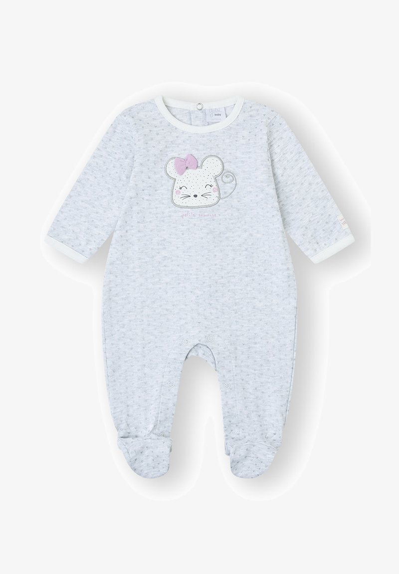 Body para bebé gris hecho de tela suave con mangas largas, con un diseño de ratón con un lazo rosa, cierres de broche y parte inferior con pies.