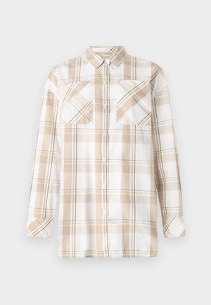 Beige and white plaid shirt with long sleeves, pointed collar, and two chest pockets. Made of cotton with button-down front and rolled cuffs.