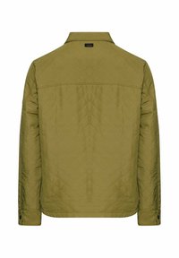 Quilted green jacket with a collared neckline, button details on cuffs, and a textured diamond pattern. View of the back.