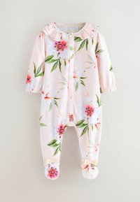 Floralna bebi bodi u mekanom ružičastom materijalu, s velikim cvjetnim uzorcima, nabranim ovratnikom i dugmadi; uključuje hlače s čarapama sa mašnama.