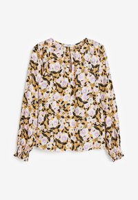 Blusa a maniche lunghe in tessuto leggero con base gialla e motivo floreale in rosa, bianco e verde, con polsini elasticizzati.