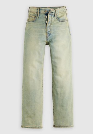 Jasnoniebieskie jeansy z denimu o prostych nogawkach, w stylu z pięcioma kieszeniami i zapinane na guziki. Miękka tekstura i przetarte wykończenie.