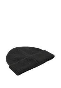 Czarna dziana czapka z wywiniętym rantem, o strukturze prążkowanej i zaokrąglonym wierzchu. Wykonana z miękkiego materiału wełnianego dla zapewnienia ciepła.