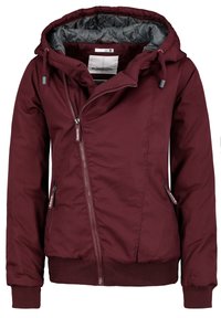 Burgundy hooded jacket featuring a zip closing, two front pockets, ribbed cuffs, and a quilted gray lining. Made from soft, durable material.
