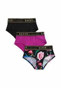 Tri parovi ženskih pamučnih gaćica: crne, ljubičaste i cvjetnog uzorka s crnom podlogom. Svaka ima zlatnu traku s natpisom "BAKER by TED BAKER".