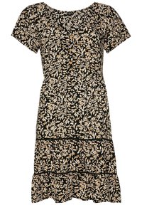 Vestido negro con un patrón floral en crema y dorado. Mangas cortas, escote redondeado, parte delantera abotonada y dobladillo con volantes.