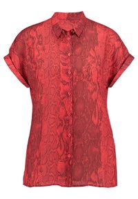 Červená košile s krátkým rukávem, knoflíkovým zapínáním a vzorem hadí kůže. Lehce průhledná tkanina s uvolněným střihem a ohrnutými rukávy.