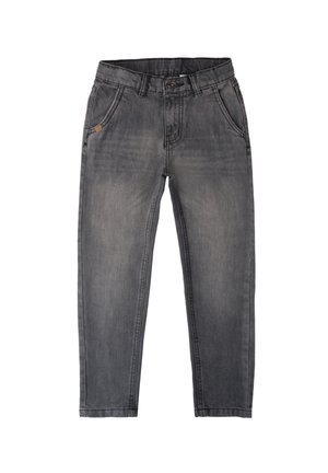 Jeans de denim gris con un corte relajado, que cuentan con un cierre frontal de botón, trabillas para el cinturón y cinco bolsillos. Lavado desvanecido con un ligero efecto de desgastado.