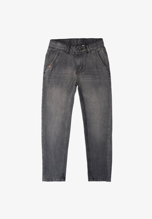 Szare dżinsy w luźnym kroju, z frontowym zapięciem na guzik, szlufkami na pasek i pięcioma kieszeniami. Pranie z efektem blaknięcia i subtelne przetarcia.