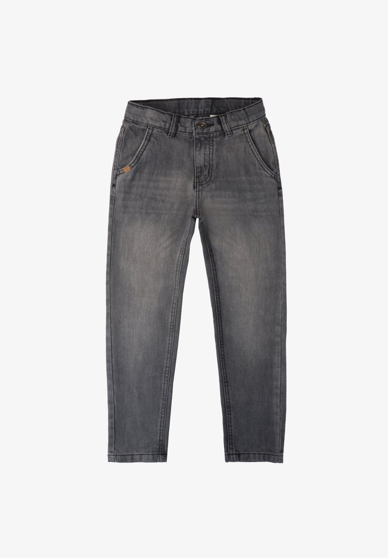 Jeans de denim gris con un corte relajado, que cuentan con un cierre frontal de botón, trabillas para el cinturón y cinco bolsillos. Lavado desvanecido con un ligero efecto de desgastado.