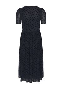 Tengerészkék midi ruha könnyű anyagból, virágmintával, rövid, áttetsző ujjal és összegyűrt derékkal. Laza szoknyarésszel.