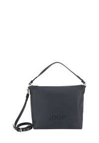 Borsa a spalla in pelle blu navy con finitura strutturata, chiusura con zip e tracolla regolabile. Presenta logo impresso sulla parte anteriore.