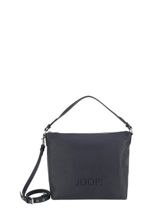Borsa a spalla in pelle blu navy con finitura strutturata, chiusura con zip e tracolla regolabile. Presenta logo impresso sulla parte anteriore.