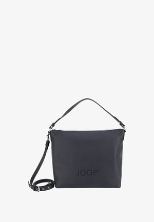 Borsa a spalla in pelle blu navy con finitura strutturata, chiusura con zip e tracolla regolabile. Presenta logo impresso sulla parte anteriore.