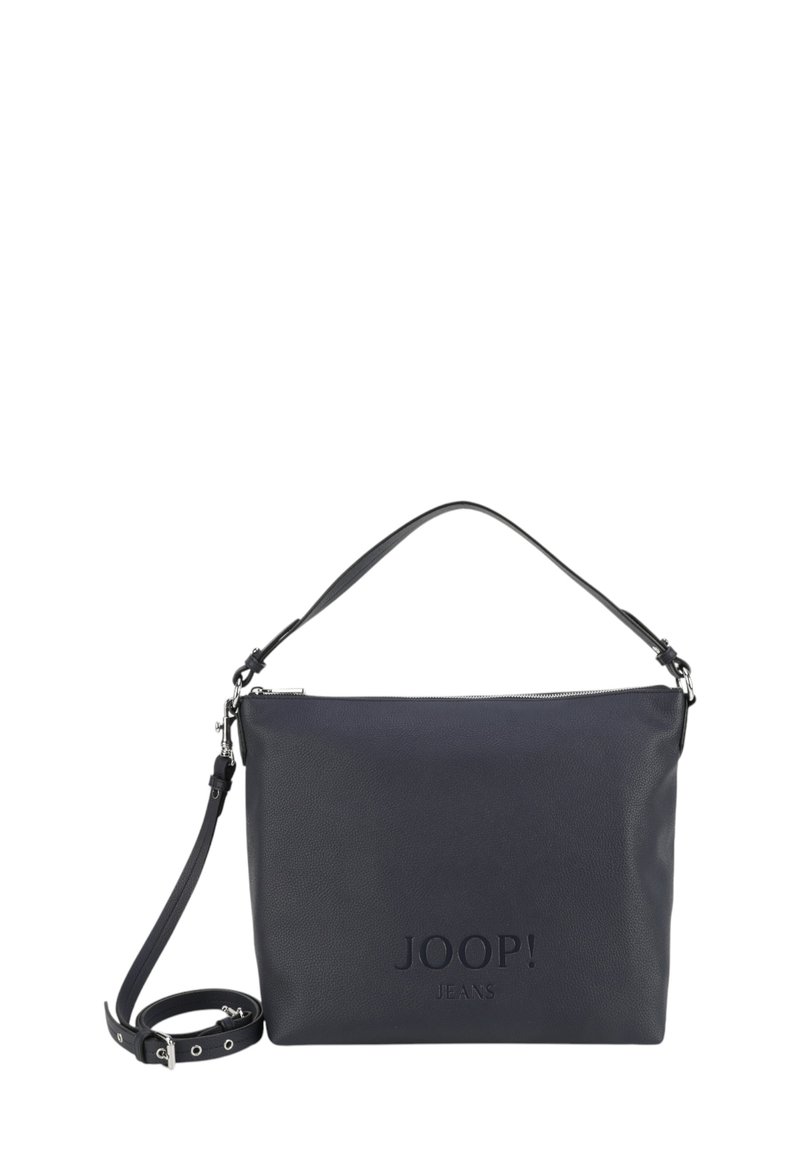 Borsa a spalla in pelle blu navy con finitura strutturata, chiusura con zip e tracolla regolabile. Presenta logo impresso sulla parte anteriore.